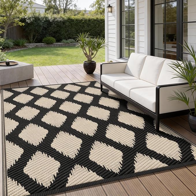 COOLTOP 9'x12’ Outdoor Rug for Patios Porches, Waterproof Plastic Camping Rugs, Modern Reversible Mat, Large Area Rugs for Backyard, Deck, RV, Balcony, Picnic, Beach, Black & Beige