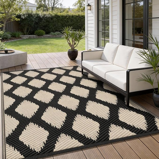 COOLTOP 9'x12’ Outdoor Rug for Patios Porches, Waterproof Plastic Camping Rugs, Modern Reversible Mat, Large Area Rugs for Backyard, Deck, RV, Balcony, Picnic, Beach, Black & Beige