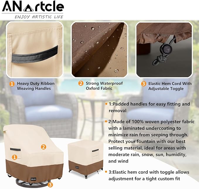 ANartcle 3 Pieces Patio Bistro Sets Cover,600D Waterproof Heavy Duty Patio Furniture Covers,Includes 2 Outdoor Swivel Chair Covers and 1 Patio Wicker Side Table Cover(Beige&Brown)