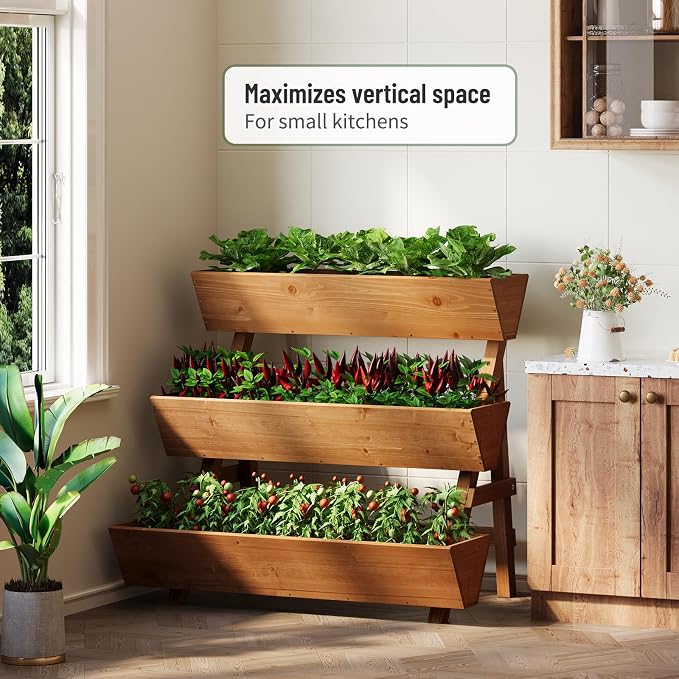 Vertical Wooden Raised Garden Bed, Garden Planters Freestanding Wood Plant Stand Flower Rack Wooden Planter Box for Plants Herbs Flowers Vegetables Outdoor Indoor Gardening (3-Tier Large Brown)