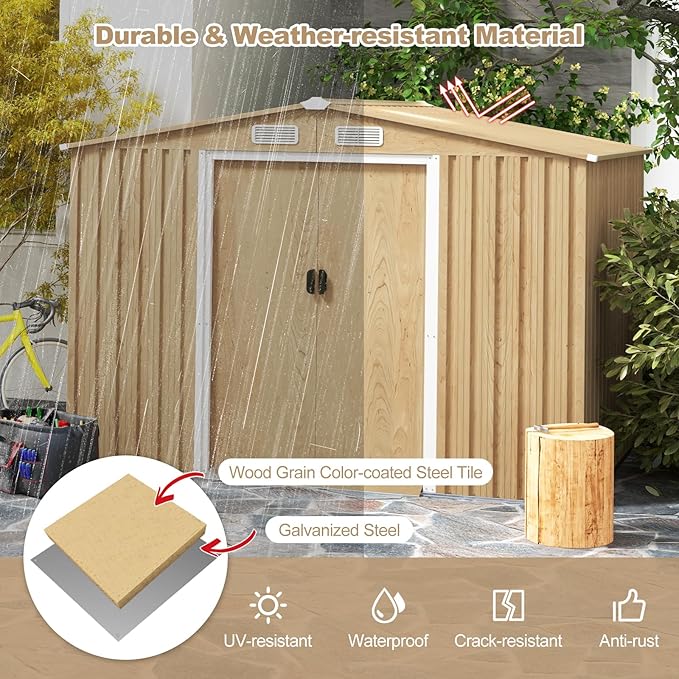 Goplus 8' x 6' Woodgrain Outdoor Storage Shed, Galvanized Metal Tool House Organizer w/Base Floor, 4 Vents, Lockable Doors, Waterproof Garden Sheds & Outdoor Storage for Backyard, Lawn, Patio