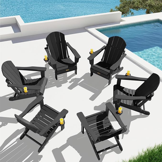 SERWALL Folding Adirondack Chairs Set of 6, Patio Chairs Lawn Chair Outdoor Adirondack Chair with Cup Holder, Weather Resistant for Patio Deck Garden, Backyard, Fire Pit - Black
