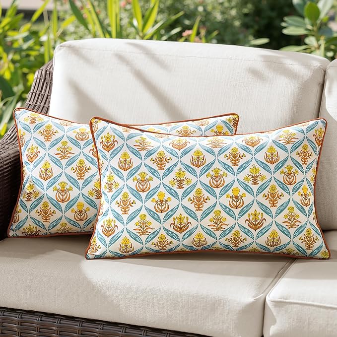 ANRODUO Floral Outdoor Pillow Covers 12x20 Waterproof Set of 2 Lumbar Block Print Decorative Cushion Cases with Refined Edge Piping for Spring Patio Porch Garden Couch Sofa Bench Decor Orange