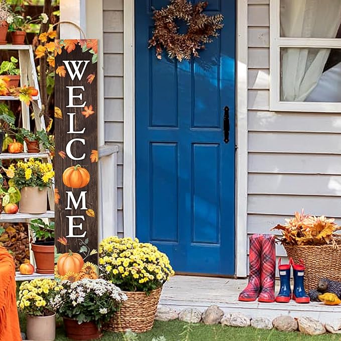 Fall Welcome Sign For Front Porch Fall Porch Sign Maple Leaf Pumpkin Sunflower Thanksgiving Decor Indoor Outdoor Autumn Wooden Vertical Sign For Patio Front Door Porch Wall Yard