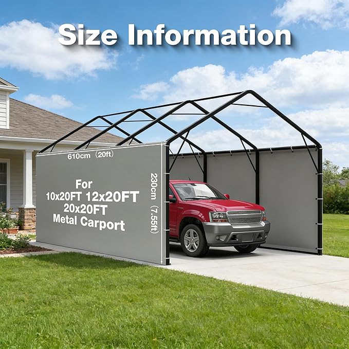 Metal Carport Sidewalls for 20ft Heavy Duty PE Tarp Enclosure Panels for 12x20ft, 20x20ft, 20x25ft Carport Garage, Waterproof Windproof Weather Strip, Frame Not Included (Gray,2 Packs