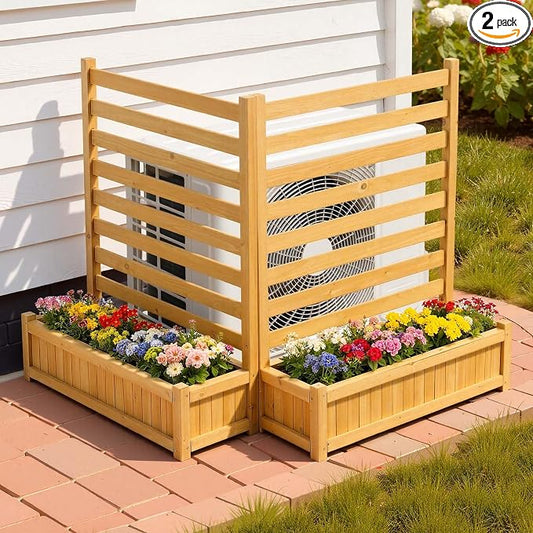 VEVOR Wooden Privacy Fence, 36 x 45 inch Air Conditioner Fence, 2 Slatted Panel Solid Outdoor Wood Privacy Screen with 2 Planters, Metal Stakes, Trash Can Hider Fences Suitable for Garden, Pool