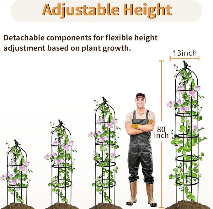 2 Pack Garden Obelisk Trellis for Climbing Plants Outdoor, 6.7FT Adjustable Metal Plant Support with 3 Decorative Tops, Black Rustproof Trellis for Roses, Tomatoes, Clematis & Vines