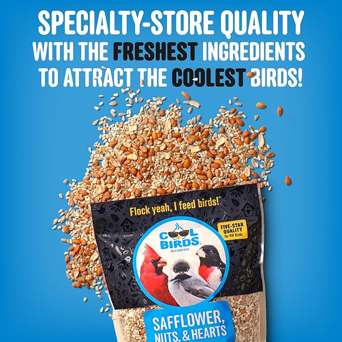 Cool Birds Safflower, Nuts & Hearts Wild Bird Seed – 10 lb. Gourmet Bird Food with Safflower, Sunflower Hearts & Peanuts – No Corn, Milo or Millet, No Waste Bird Food for Outside Feeders