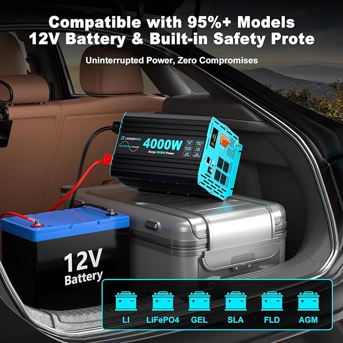 4000 Watt Inverter Pure Sine Wave 12V DC to 120V AC for RV, Truck, Solar, Home, Off-Grid, Power Inverter with 4 AC Outlet, 30W Type-C, 5V 3.1A USB, Hardwire Port, Remote Control, Surge 8000W