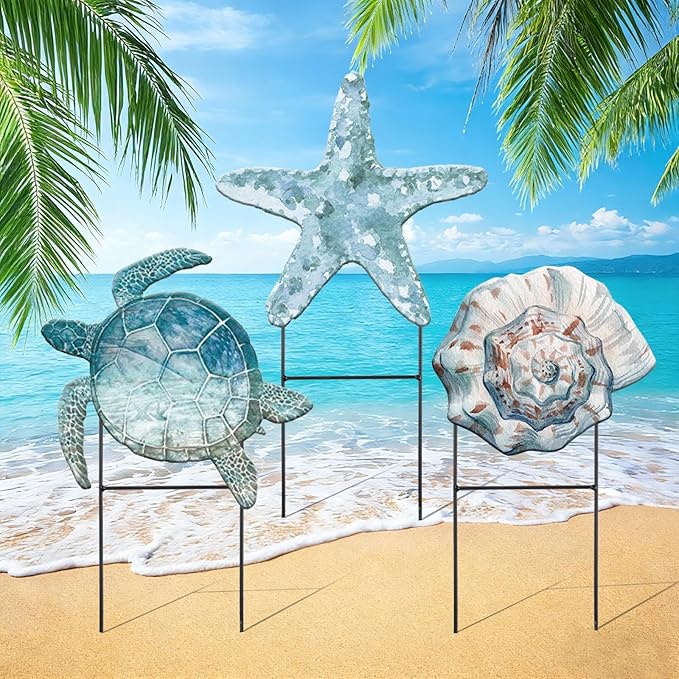 Moxweyeni 3 Pcs Metal Beach Outdoor Decoration 25 Inch Summer Ocean Theme Yard Sign Turtle Starfish Conch Coastal Outdoor Stakes for Garden Pool Lawn Holiday Party Take Photos