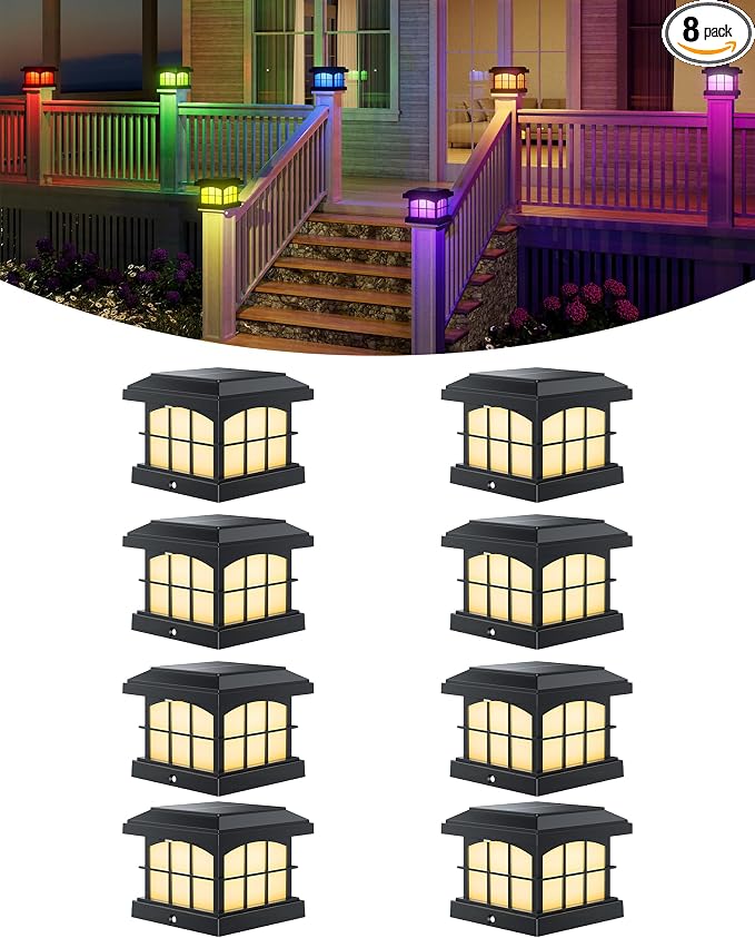 PARTPHONER RGBCW Solar Post Cap Lights 8-Pack, 9 Colors 3 Modes Fence Caps, Bright Solar Outdoor Waterproof LED Deck Lighting for Fence Garden Deck Patio Porch Decor 4x4 Vinyl/Wood, Black