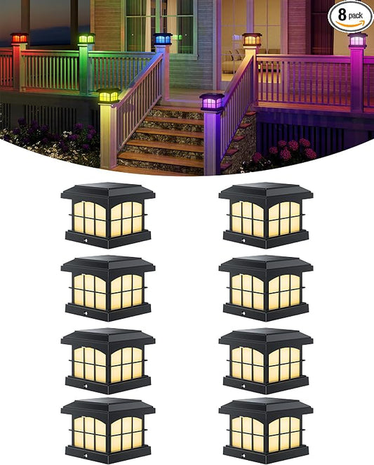 PARTPHONER RGBCW Solar Post Cap Lights 8-Pack, 9 Colors 3 Modes Fence Caps, Bright Solar Outdoor Waterproof LED Deck Lighting for Fence Garden Deck Patio Porch Decor 4x4 Vinyl/Wood, Black
