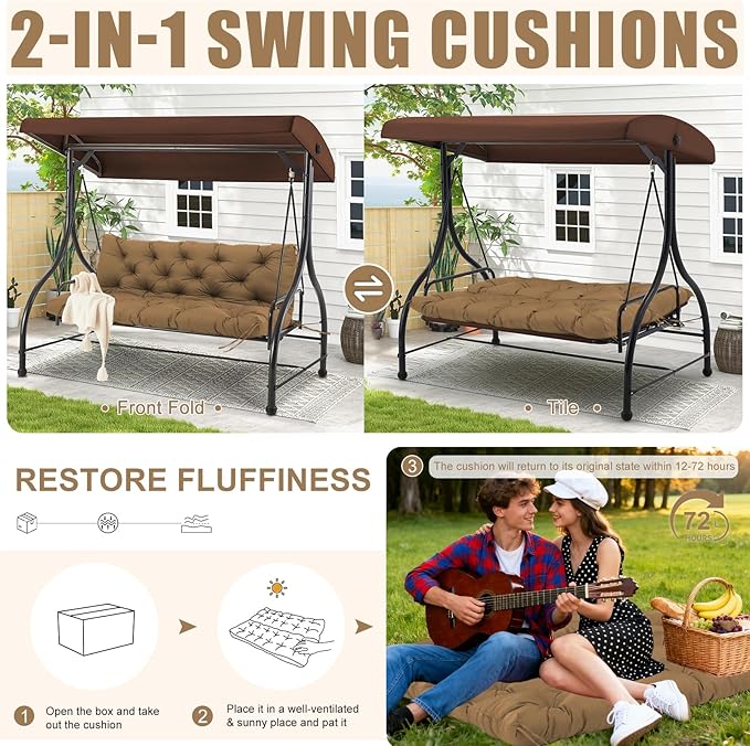 Porch Swing Cushions Outdoor 70 inch x 40 Waterproof Swing Cushions 3 Seater Replacement with Backrest & 8 Ties 5" Thick Bench Swing Cushions for Outdoor Furniture Patio(Brown)