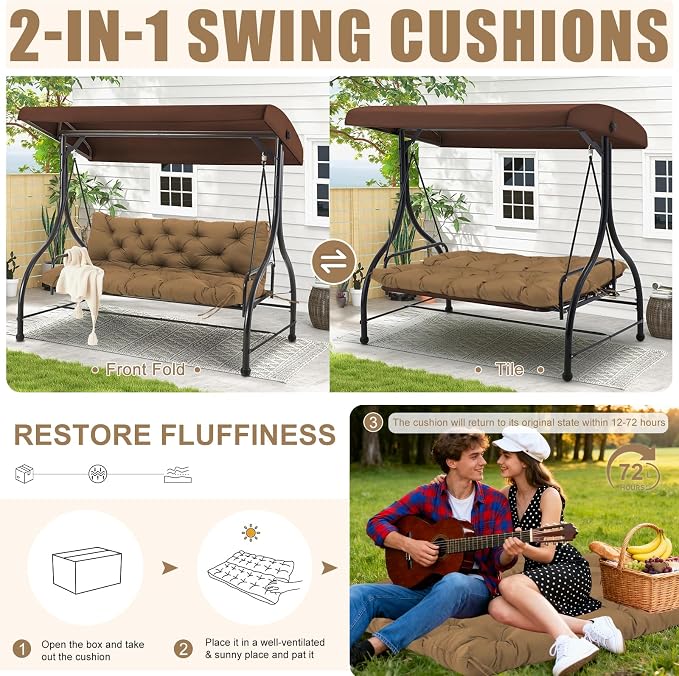 Porch Swing Cushions Outdoor 60 inch x 40 Waterproof Swing Cushions 3 Seater Replacement with Backrest & 8 Ties 5" Thick Bench Swing Cushions for Outdoor Furniture Patio(Brown)