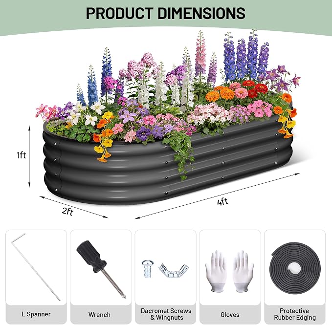 Garvee Galvanized Raised Garden Bed, 2Pcs Raised Garden Beds Outdoor, Oval Planter Raised Beds with Gloves and Rubber Edge Trim for Vegetables, Flowers and Herbs, 4x2x1 FT, Dark Grey