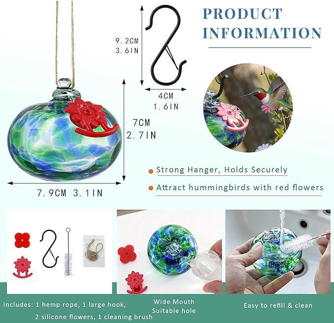 QFkris Blown Glass Hummingbird Feeder for Outdoors Hanging, Small Hummingbird Feeder with Flower Feeding Ports for Outside Garden Backyard Decor, Gifts for Women Mom(Green)