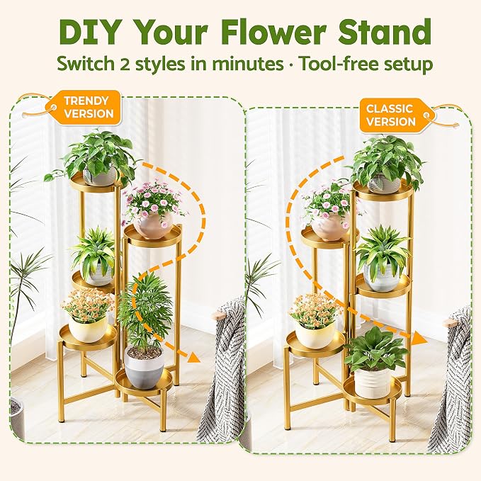 Tall Gold Plant Stand Indoor Outdoor, Corner Metal Flower Pot Stands for Multiple Plants, 5 Tiered Heavy Duty Plant Shelf for Patio Garden Balcony Living Room Bedroom - GoldDisk