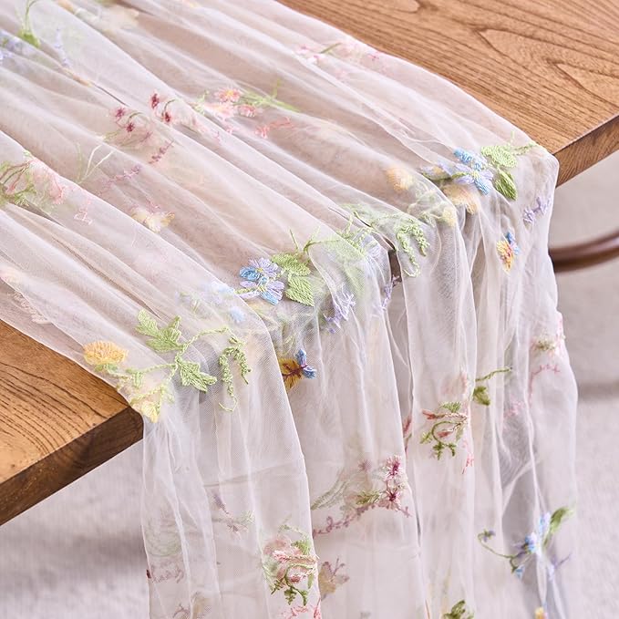 vctops 2 Packs Embroidery Lace Spring Table Runner 10ft Floral Garden Seasonal Tulle Table Runner Holiday Kitchen Dining Table Decoration for Wedding Party Baby Shower Birthday (Beige,30"x120")