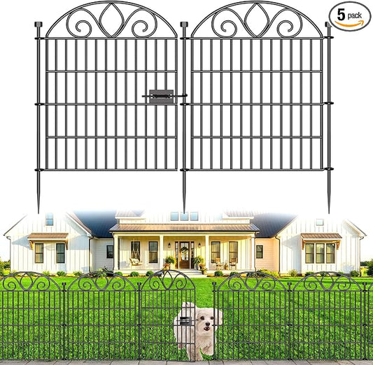 5 Panels No Dig Decorative Garden Fence with Gate – 28" H X 9.8' L Rustproof Metal Dog Fence Outdoor for Yard, Animal Barrier Fence for Pet, Garden Border, Patio, Flower | Temporary Fencing