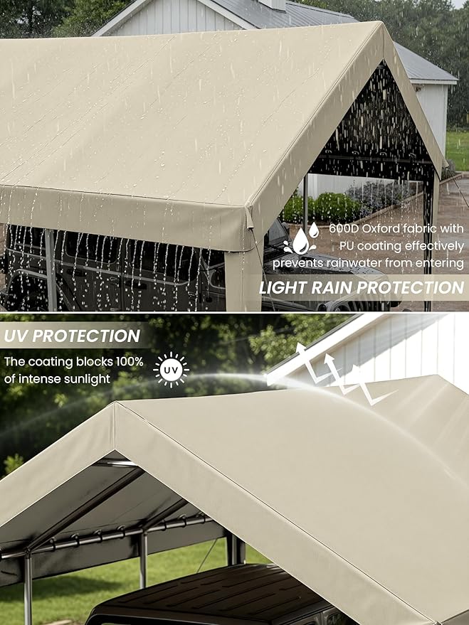 12 x 20 Ft Carport Replacement Cover, Heavy Duty Outdoor Car Tarp Canopy, Waterproof & UV Protected Tear Oxford Tarp with Ball Bungees (Frame is Not Included)