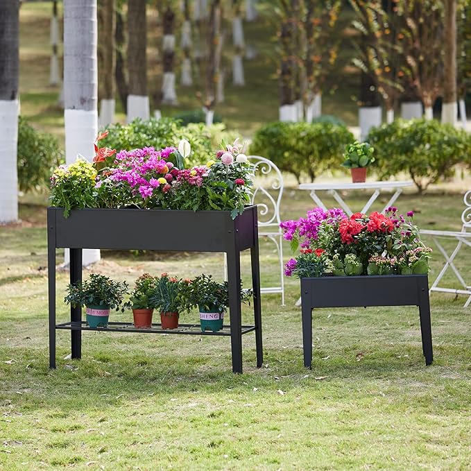 Raised Garden Bed, Elevated Planter Black Metal Plant Box with Legs Standing Garden Stand Drainage Holes Black