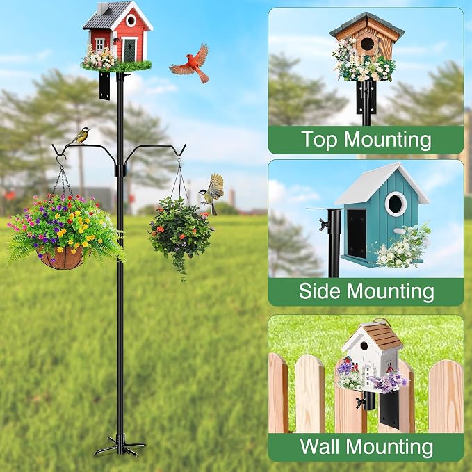 YINGYM Bird House Pole, 95 Inch Heavy Duty Bird Feeder Pole Mount Kit for Outdoors, Adjustable Bird Feeding Stand, with 2-Hooks, 5-Prong Base for Birds Watching
