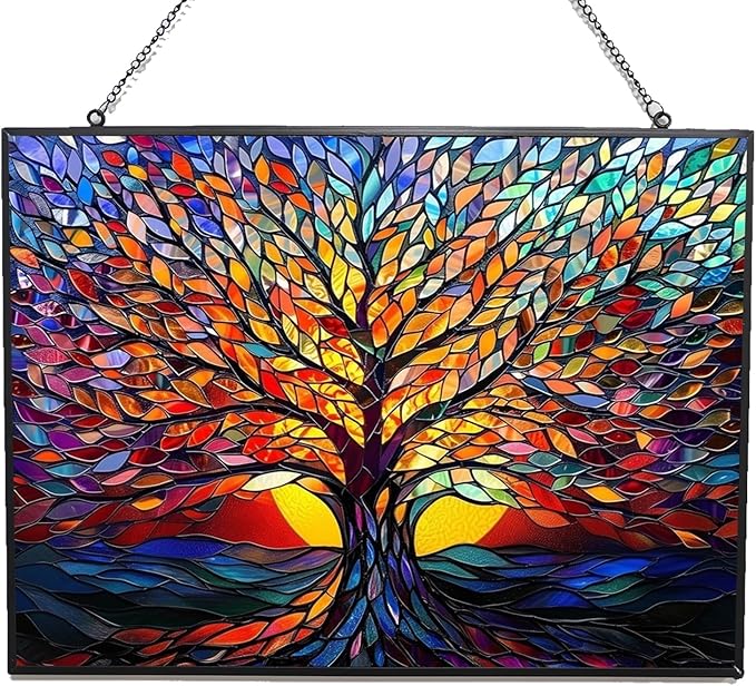 Rectangle Tree of Life Stained Glass Window Hanging, 15" W X 11" H Stained Glass Panel with Chain, Suncatchers for Windows Hanging Decorations, Gifts for Mom, Grandma, Wife, Sister