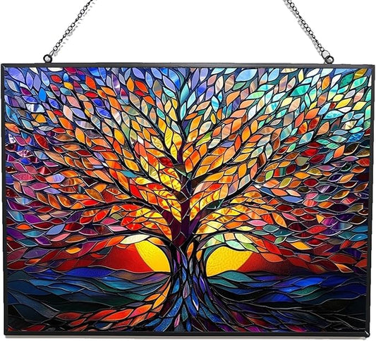 Rectangle Tree of Life Stained Glass Window Hanging, 15" W X 11" H Stained Glass Panel with Chain, Suncatchers for Windows Hanging Decorations, Gifts for Mom, Grandma, Wife, Sister