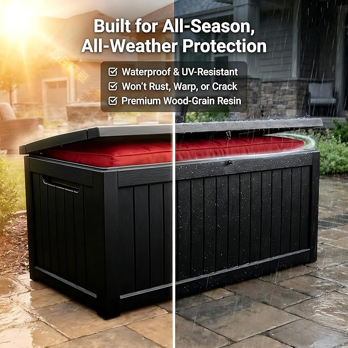 Large 231 Gallon Resin Deck Box, Heavy Duty Lockable Patio Storage Box Outdoor, Waterproof Tool Box for Garden Furniture Cushions & Pool Supplies, Wood Grain Outdoor Storage Bench for Backyard