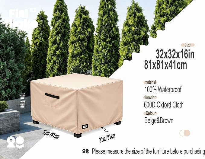Patio Square Table Cover,32Wx32Dx16H Inches 100% Waterproof Heavy Duty Outdoor Coffee Table Cover,Light Brown Minimalism Style Outdoor Furniture Covers