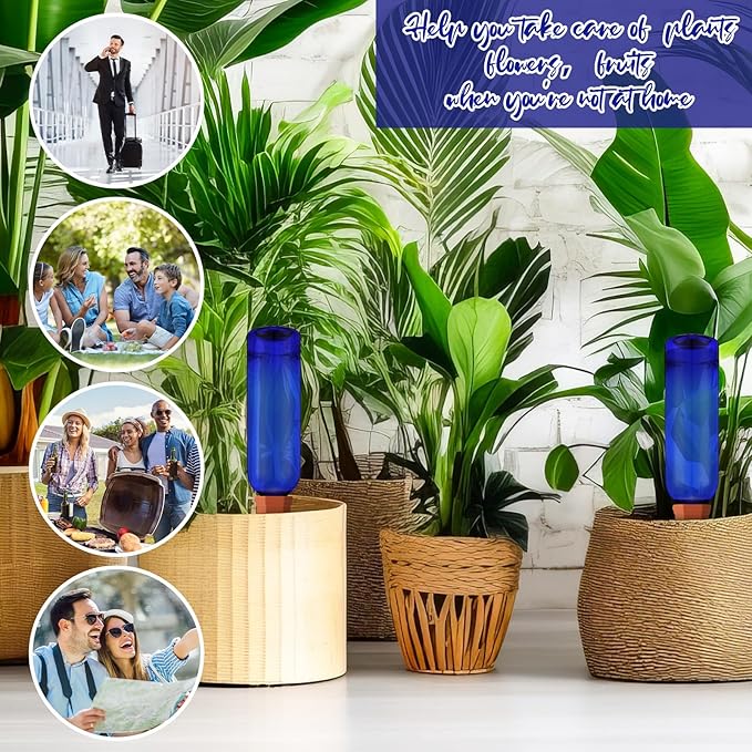 SiliFine 3 Sets Plant Watering Devices Include Terracotta Self Watering Spikes and 26 oz Plastic Bottles, Slow Release Vacation Insert Automatic Plant Waterer Device (Blue and Terracotta)