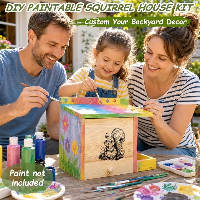 Large Squirrel House for Outside, Squirrel Nesting Box with Squirrel Feeder | Anti-Predator Solid Wood Squirrel Box for Backyard, Waterproof Squirrel feeders for outside, Easy to Assemble,14×11×7.5 Inch
