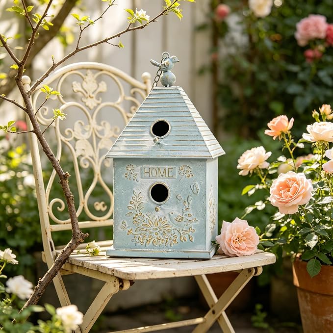 Distressed White Hanging Birdhouse with Home Emblem, Rustic Farmhouse Decorative Bird Nest Box for Outdoor Garden, Patio, Yard, Weathered Bird Shelter for Small Birds (Blue)