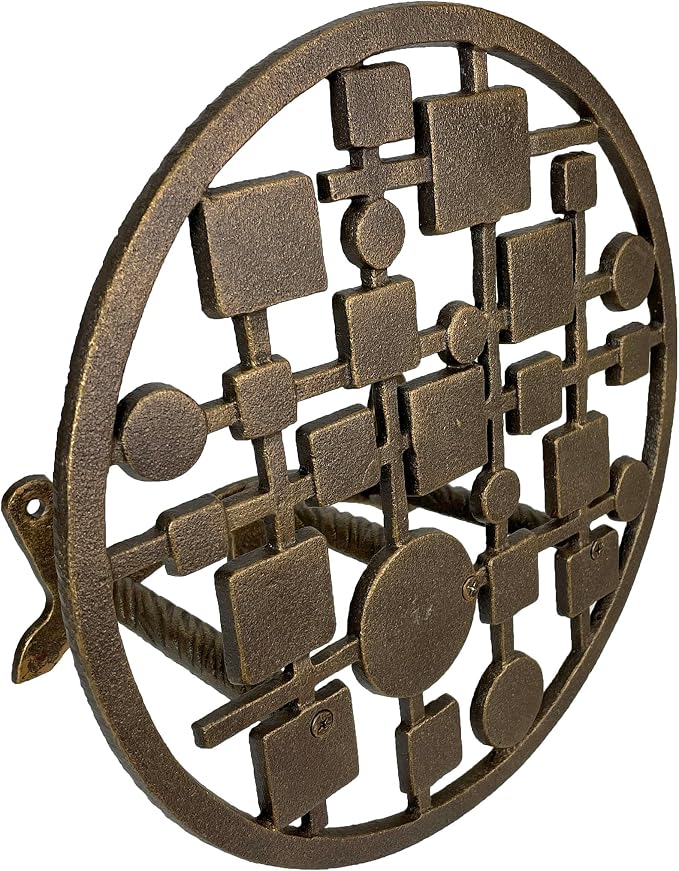 Zeckos Mid-Century Modern Cast Iron Circles & Squares Hose Holder – Bronze Finish, Wall-Mounted, Weather Resistant, Durable Outdoor Storage, 11.75 Inch Diameter