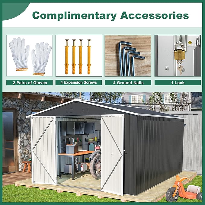KEIKI Storage Shed 10x12 FT, Large Metal Tool Shed for Outdoor Storage, Galvanized Steel Garden Shed with Lockable Doors for Patio, Backyard, Lawn, Black