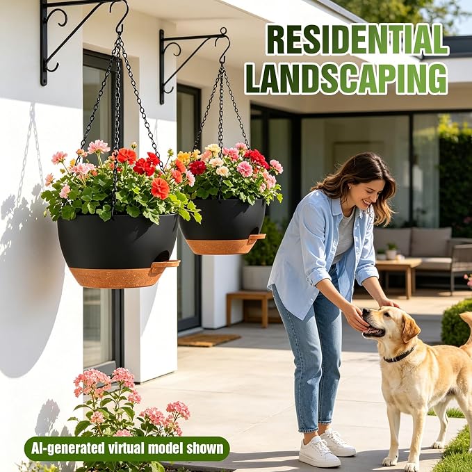 10 Inch Self Watering Hanging Planters, 3 Pack Plastic Plant Pots | Sturdy lightweight pot with side watering lip, drainage holes, snap-on detachable tray & hanging chain for easy care