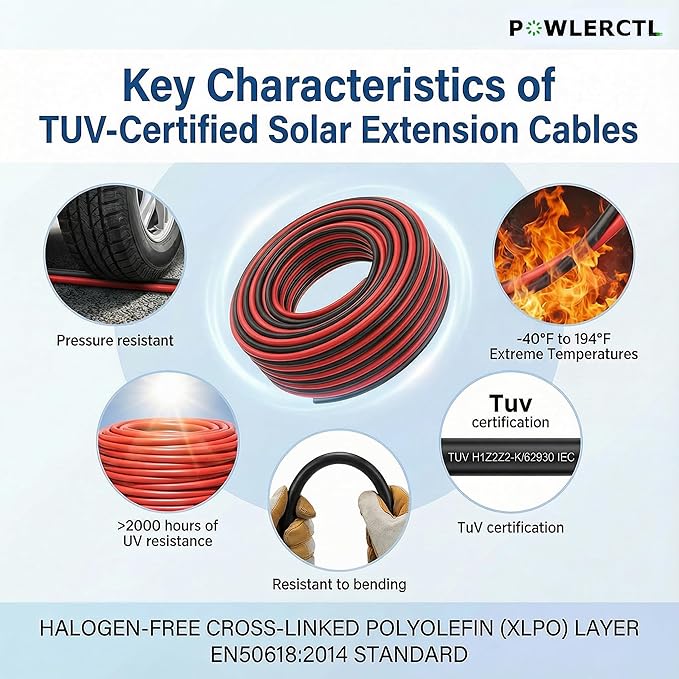Solar Panel Extension Cable 10 AWG 100Ft 6mm² Wire Gauge Certified PV Cable,100% Tinned Copper Heavy Duty with Male Female Waterproof mc4 Connectors,for RV, Home Boat Photovoltaic Systems