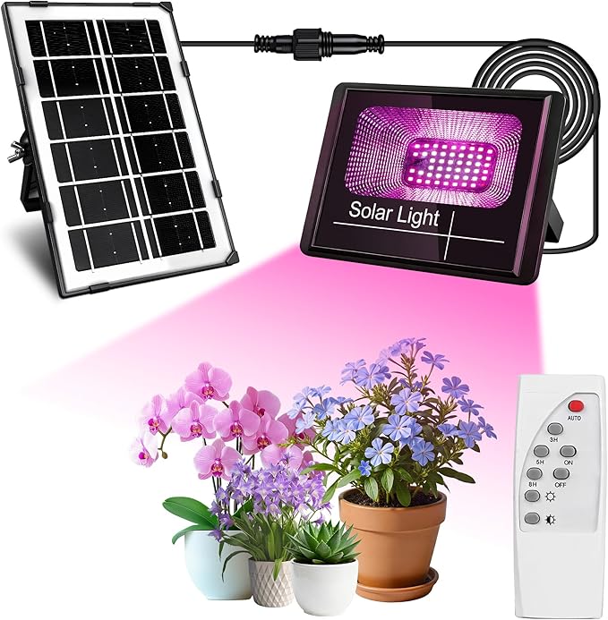 Loscarol Solar Grow Lights, Rechargeable Grow Light, Full Spectrum Plant Light for Indoor Outdoor Plants with Timer, Solar Plant Lights for Greenhouse with Remote Control and 16.4ft Cord/USB Charging