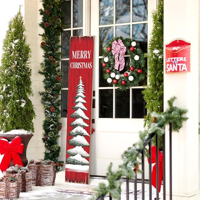 Christmas Porch Sign Christmas Tree Welcome Sign For Front Porch Xmas Snow Red wood grain Home Decor Indoor Outdoor Wooden Vertical Sign For Patio Front Door Porch Wall Yard