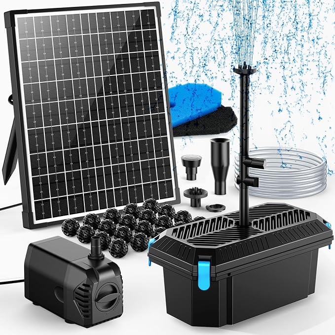 POPOSOAP Solar Pond Filter with Fountain Pump, 20W Solar Powered Water Pump and Pond Filters for Outdoor Ponds Fish Tank Garden Pool Water Feature Waterfall