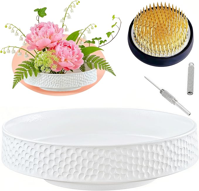 Japanese Ikebana Kit Floral Frog Japanese Flower Arranging Supplies Flower Container with Needle Straightening Tool & Kenzan - 2.4inch Flower Frog, Bowl Vase (White Hammering Pattern)