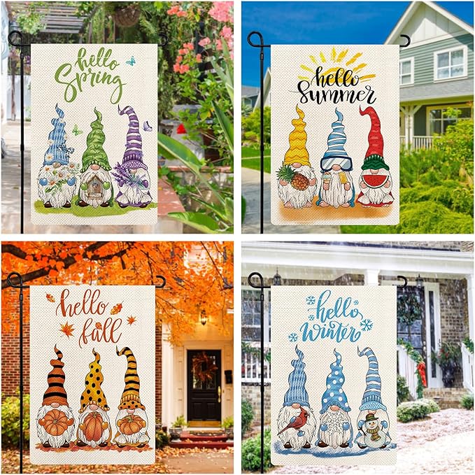 Gnomes Seasonal Garden Flags Set of 12, All Seasons and Holidays, Burlap, 12x18 inch, Double Sided, Fade Resistant, Outdoor Decor