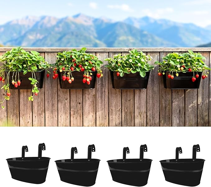 LaLaGreen Wall Planter (9.8 Inch, 4 Pack) Black Oval Metal Wall Hanging Decor Plant Holder for Mounted Indoor Flower Pots Balcony Railing Fence Window Decoration Porch Plants Pot Baskets Planters