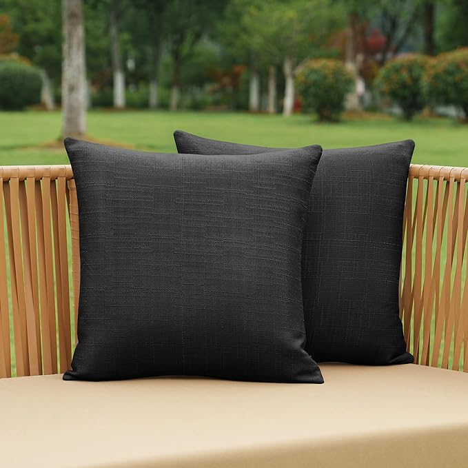 NiNi ALL Pack of 2 Decorative Outdoor Waterproof Pillow Covers Square Garden Linen Textured Cushion Sham Throw Pillowcase Set of 2 for Patio Farmhouse Garden Tent Couch 22x22 Inch Black