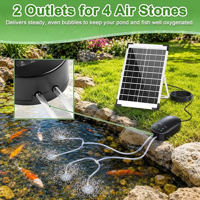 15W Solar Pond Aerator, Solar Air Pump with 3 Working Modes, 22H/55H/110H Long Runtime, Dual Air Outlets Quiet Solar Aerators for Pond, Fish Tank, Hydroponics