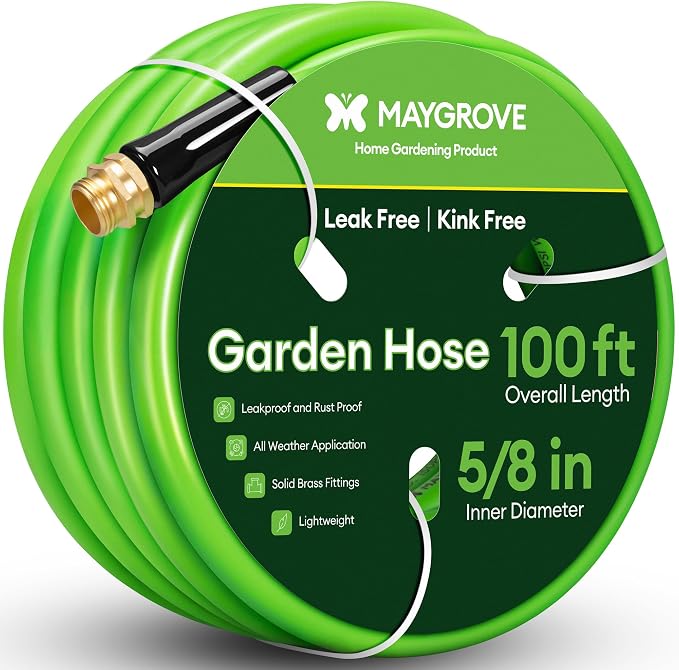 Maygrove 100 ft Garden Hose, 5/8 in ID, Heavy-Duty, Leakproof, Kink-Resistant Water Hose with Swivel Brass Fittings, 600 PSI Burst Rating, Ideal for Car Wash & Lawn Watering