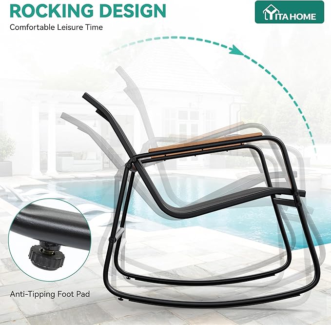 YITAHOME 3 Piece Rocking Bistro Set, Outdoor Patio Furniture Set with Wooden Armrests, Porch Chairs Set with Glass Table for Lawn, Garden, Balcony, Poolside, Dark Gray