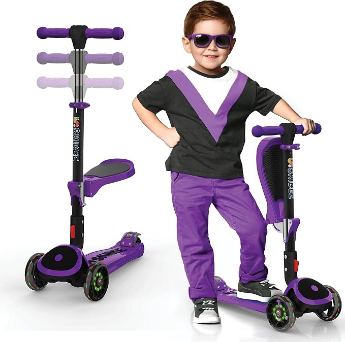 SKIDEE Kick Scooter for Kids Ages 3-5 | Foldable 3 Wheel Scooter with Lean-to-Steer, Adjustable Height, Removable Seat & LED Light Wheels | Toddler Scooter Up to 12 Year Old Boys/Girls