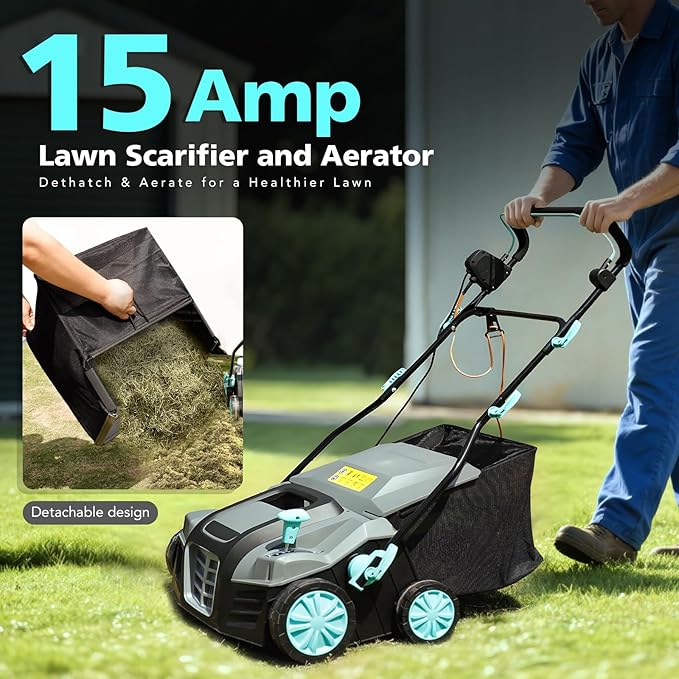 Lawn Dethatcher and Scarifier, 16-Inch 15-Amp 2-in-1 Electric Lawn Care Machine with 14.5-Gal Collection Bag & 5-Position Adjustment for Thatch Removal and Grass Revitalization - XSS16D