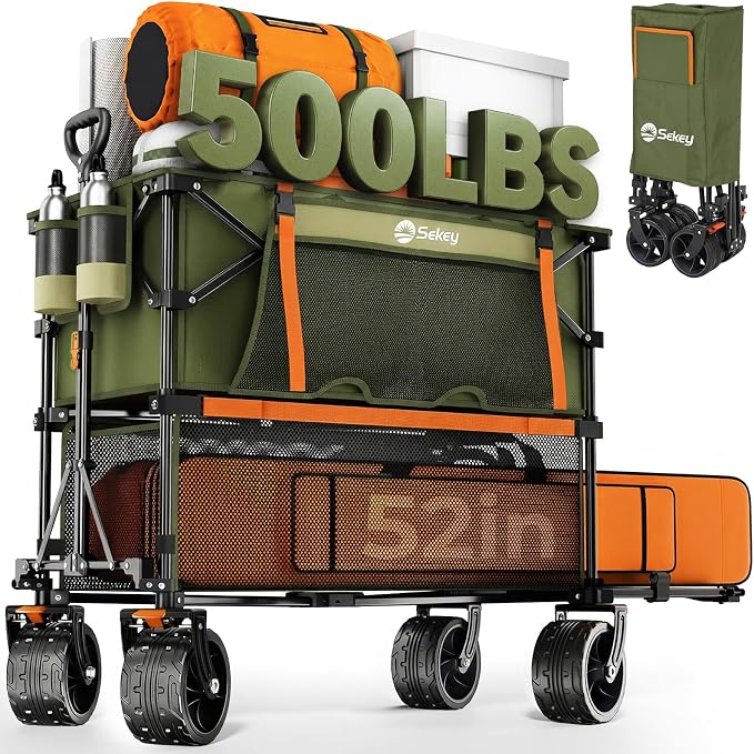 Sekey 500LBS Heavy Duty Double Decker Wagon with Extender, 400L Large Capacity Collapsible Garden Cart Fits 10x10 Canopy, All-Terrain Big Wheels with Brakes, Foldable Utility Wagon for Sports, Camping